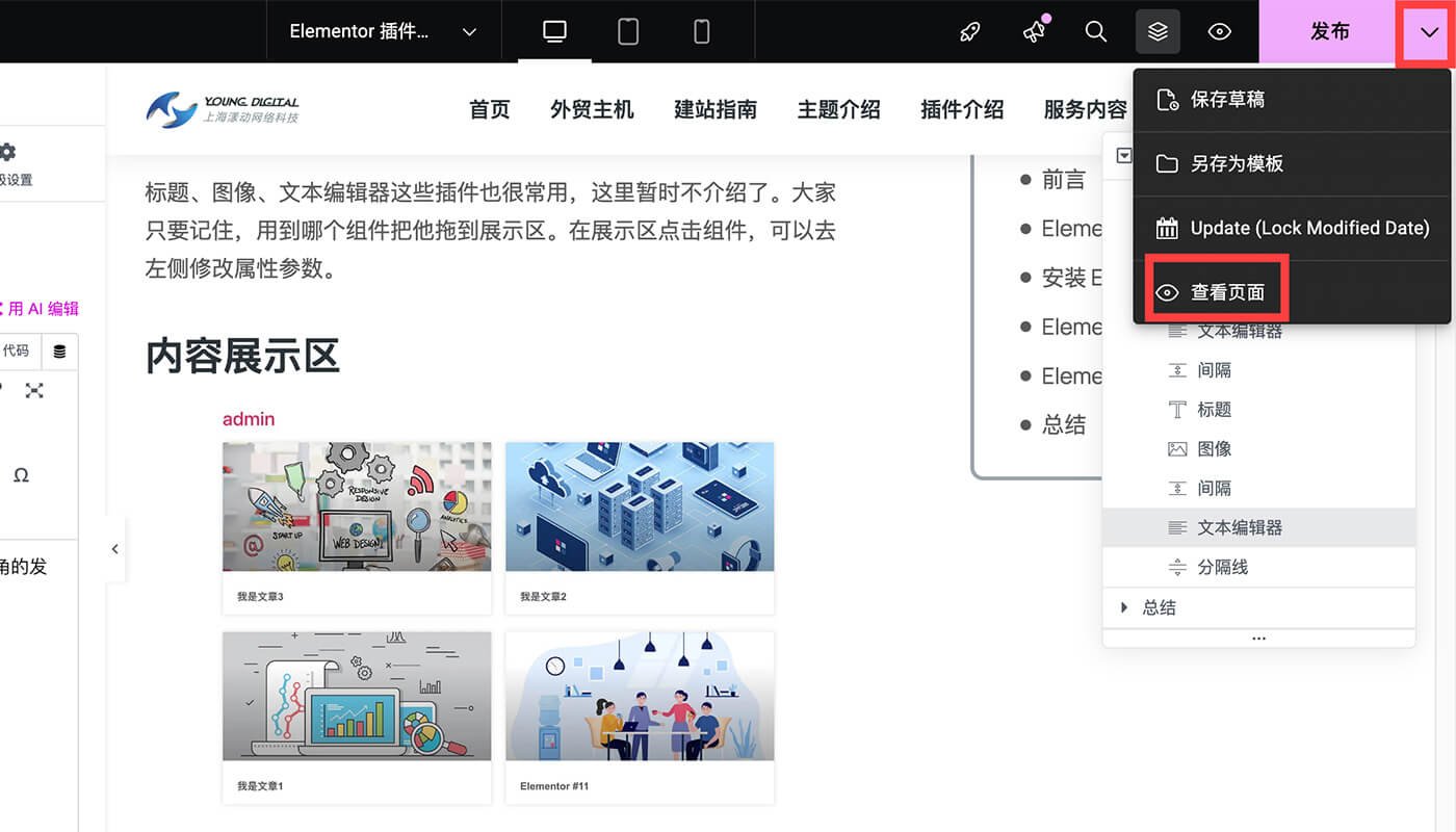 Elementor 内容展示及发布