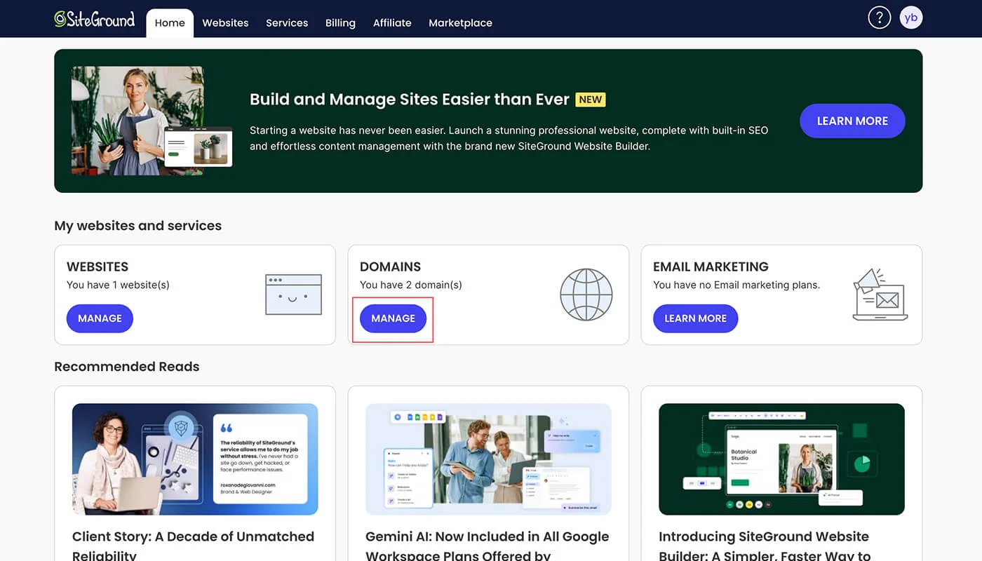 SiteGround 域名管理
