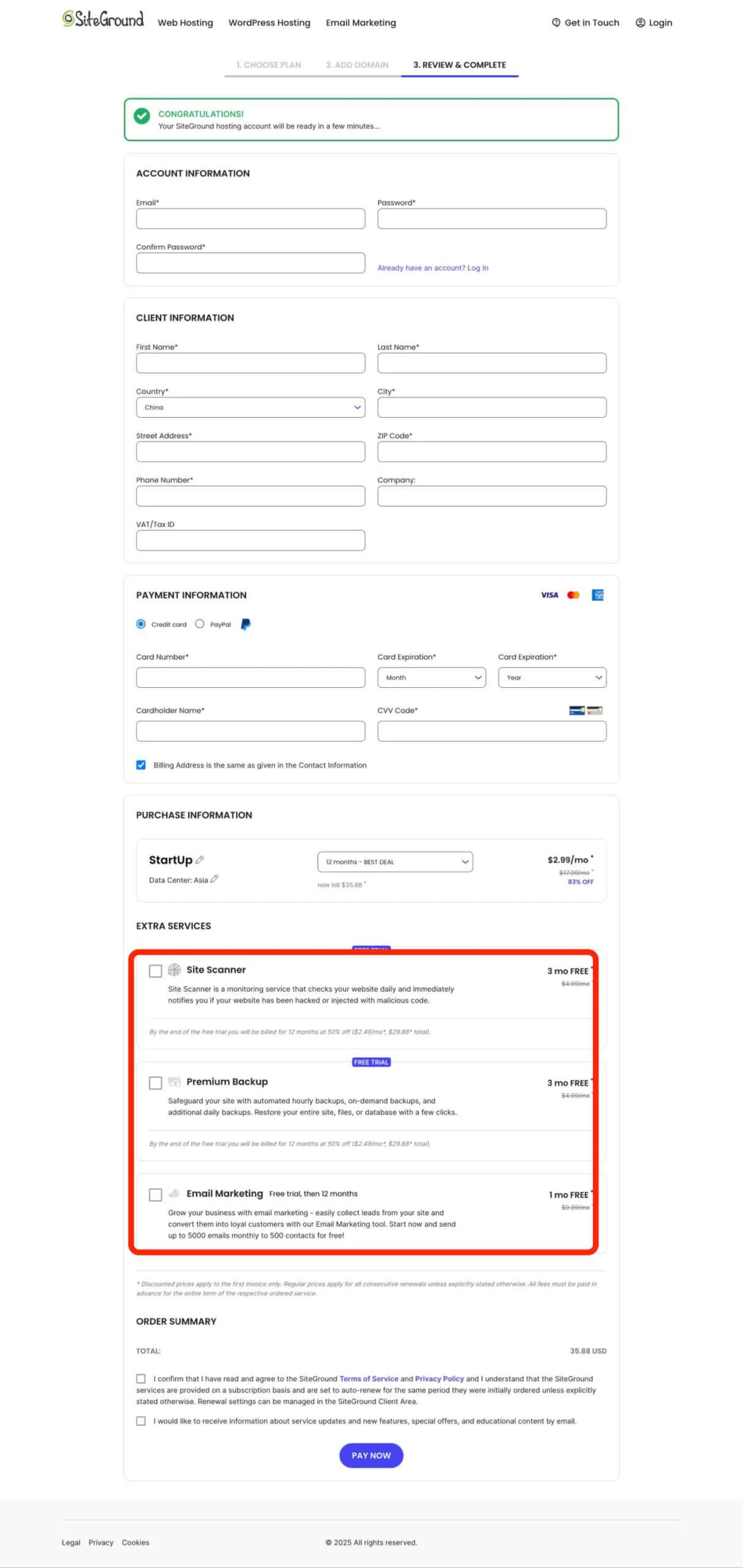 SiteGround 主机购买流程三
